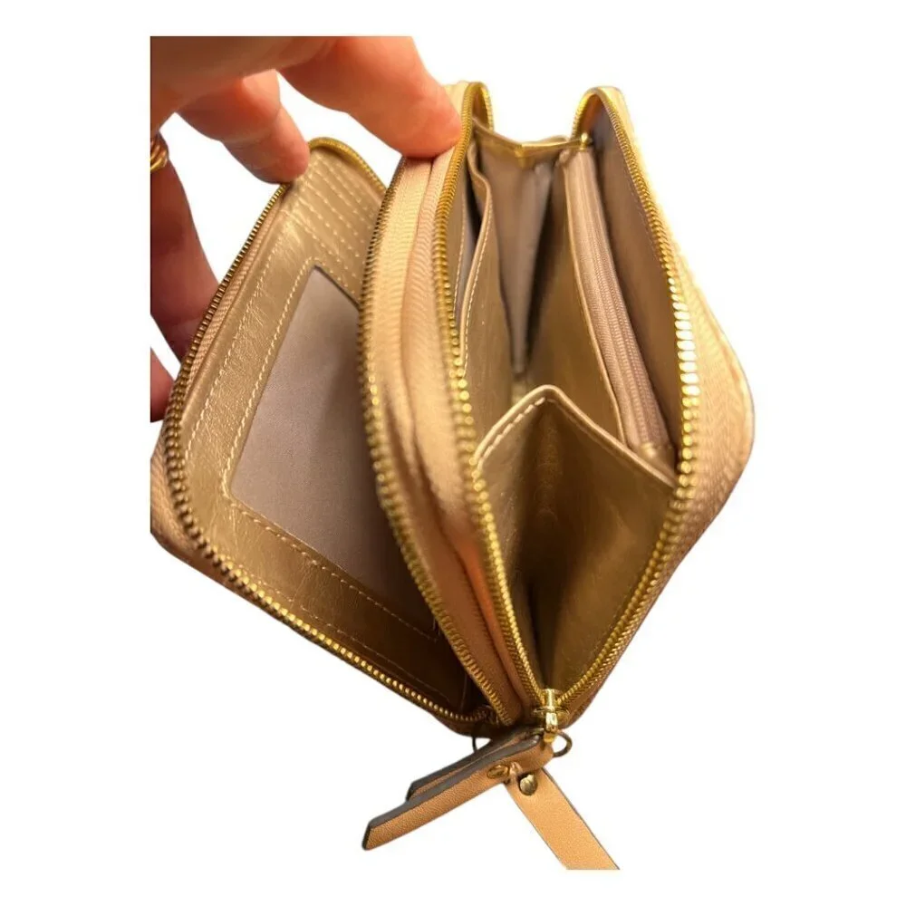 Anne Klein Designer Zip Around Neutral Tan Wallet w/Gold Lion Head Logo Emblem